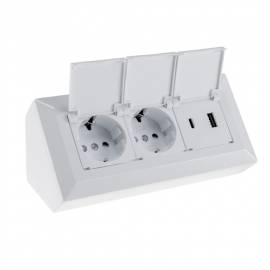 2-fach Steckdosenblock +USB A & C mit Deckel DELPHI wei� Aufbau-Montage 3,1A USB Lade-Buchse PD - Bild vergr��ern 