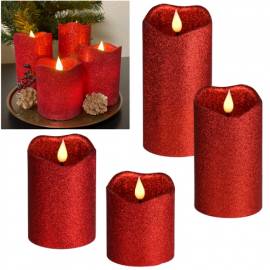 4er Set LED Echtwachs Kerzen -3D FLAMME- ROT-Glitter7,5/10/12/14x7,5cm mit Timer 6/18h Adventskerzen - Bild vergrern 