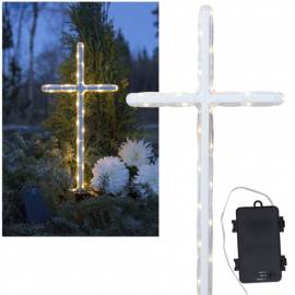 LED Grableuchte -GraveCross- Kreuz wei ca.41x22cm batterie-betrieben Timer Grablicht Grabdekoration - Bild vergrern 