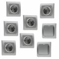 8 teilig DELPHI Unterputz Starter Kit Set SILBER, Schalter Steckdose inkl. Rahmen UP
