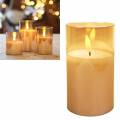 LED Kerze im Glas 3D FLAMME gold-farben 12,5x7,5cm mit Timer Windlicht Echtwachs