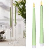 2er Set LED Stabkerze Kunststoff 3D FLAMME pastell-gr&uuml;n 25,5 x 2,3cm mit Timer flackernde Spitzkerze