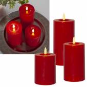 LED Stumpen-Kerze rot 3D-FLAMME FLOW 12/15/17x7,5cm mit Timer Echtwachs Blockkerze Liquid-Wax-Optik