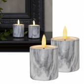 2er Set LED Mini-Kerzen MARBLE 3D FLAMME 7,5x5,5cm Marmor-Optik Gips+Wachs mit TIMER weiß/grau
