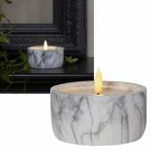 LED Kerze flach MARBLE 3D FLAMME 7,5x10cm Marmor-Optik Gips+Wachs mit TIMER weiß/grau