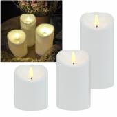Outdoor LED Kerze wei&szlig; f&uuml;r Au&szlig;en 3D FLAMME PILLAR 10/12/15x7,5cm Timer flackernde Kunststoff-Kerze
