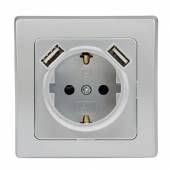 DELPHI Schutzkontakt-Steckdose 2x USB Buchse 5V silber mit Rahmen 250V~ 16A