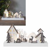 Led Holz-Silhouette H&auml;user & Wald 14x28cm mit Timer beleuchtet batterie-betrieb Weihnachtsdeko