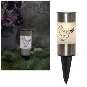 Solar Grableuchte DOVE wei&szlig; mit Motiv 14x6cm Led Grabkerze Grablicht mit Erdspie&szlig;