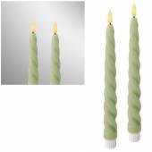   2er Set LED Stabkerze 3D FLAMME olivgr&uuml;n 24,5 x 2,3cm mit Timer flackernde Tafelkerze gedreht