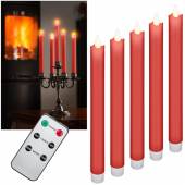 5er Set LED Stab-Kerzen ROT mit Fernbedienung TIMER bewegliche Flamme Tafelkerze Wachs