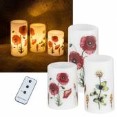3er Set LED Echtwachs Kerzen Mohnblumen-Motiv mit Fernbedienung & Timer
