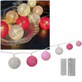 LED Lichterkette mit 10 Kugeln 60mm pink-rosa-weiß COTTON BALLS mit Batteriebetrieb