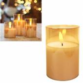 LED Kerze im Glas 3D FLAMME gold-farben 10x7,5cm mit Timer Windlicht Echtwachs