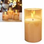LED Kerze im Glas 3D FLAMME gold-farben 12,5x7,5cm mit Timer Windlicht Echtwachs