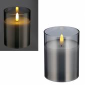  LED Kerze im Glas 3D FLAMME rauchglas 10x7,5cm mit Timer Windlicht Echtwachs