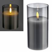  LED Kerze im Glas 3D FLAMME rauchglas 15x7,5cm mit Timer Windlicht Echtwachs