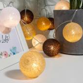LED Lichterkette mit 10 Kugeln 50mm braun-ocker-weiß COTTON BALLS mit TIMER Batteriebetrieb