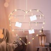 LED HERZ h&auml;ngend 37x35cm mit 10 Klammern 20 LEDs Batterie-Betrieb Metallherz Leuchtherz