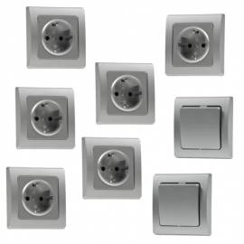 8 teilig DELPHI Unterputz Starter Kit Set SILBER, Schalter Steckdose inkl. Rahmen UP