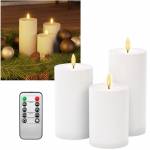  3er Set Outdoor LED Kerze 3D FLAMME für Außen Fernbedienung 10/12/15x7cm mit Timer Kunststoff-Kerze
