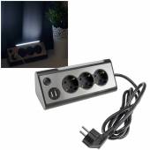 3-fach Steckdosenblock mit Licht + 2x USB Aufbau-Montage Steckdose mit USB Lade-Buchse