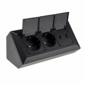 2-fach Steckdosenblock +USB A & C mit Deckel DELPHI schwarz Aufbau-Montage 3,1A USB Lade-Buchse PD