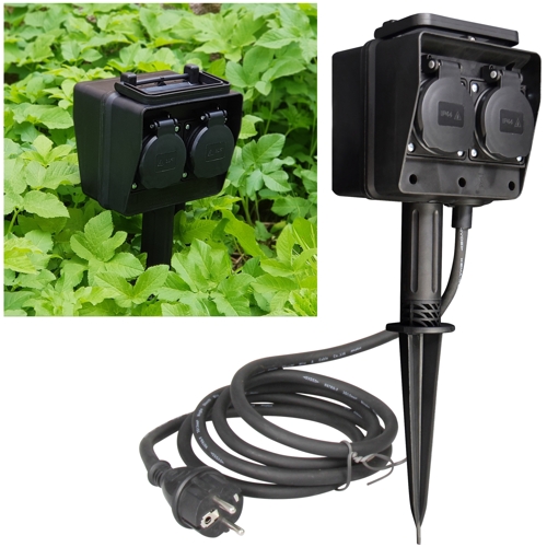schwarze GartenSteckdose mit Deckel 4fach 3m Kabel IP44